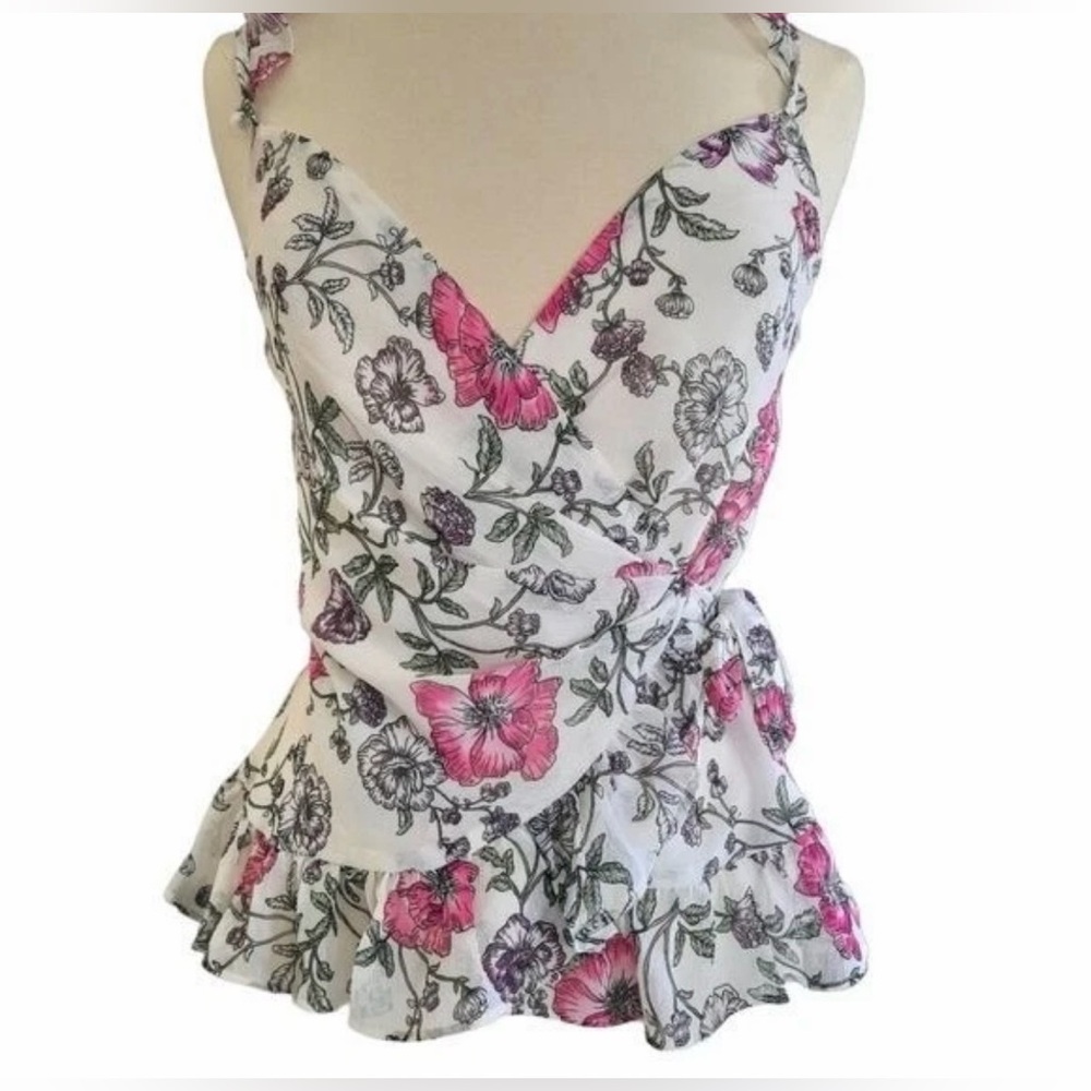 Express Floral Pink & White Wrap Peplum Tank Top Size XS